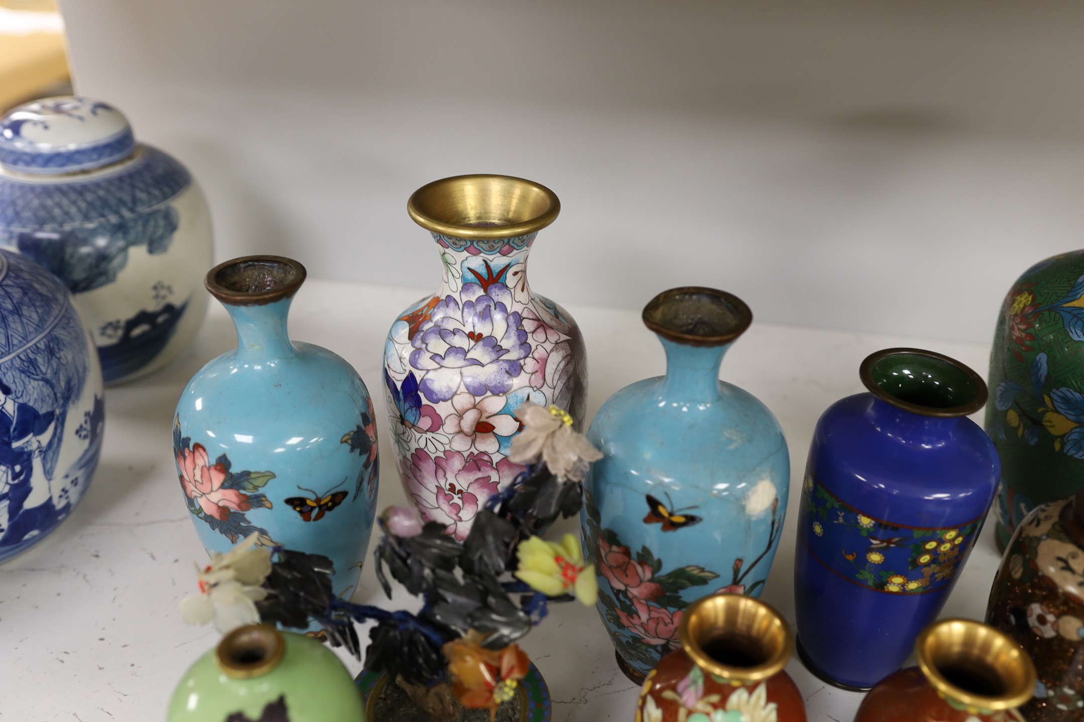 A group of Chinese and Japanese cloisonné enamel vases etc. tallest 22cm